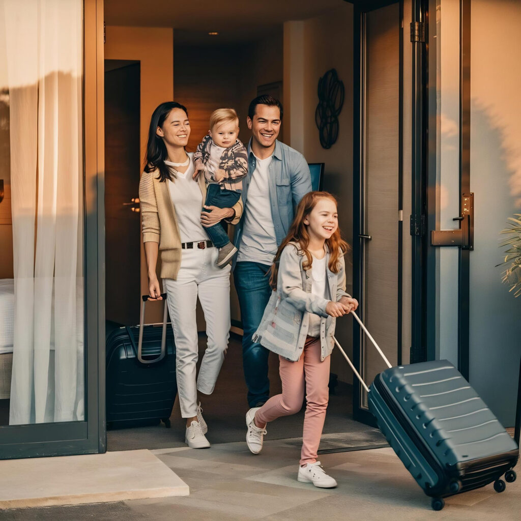 a family arriving at a residence