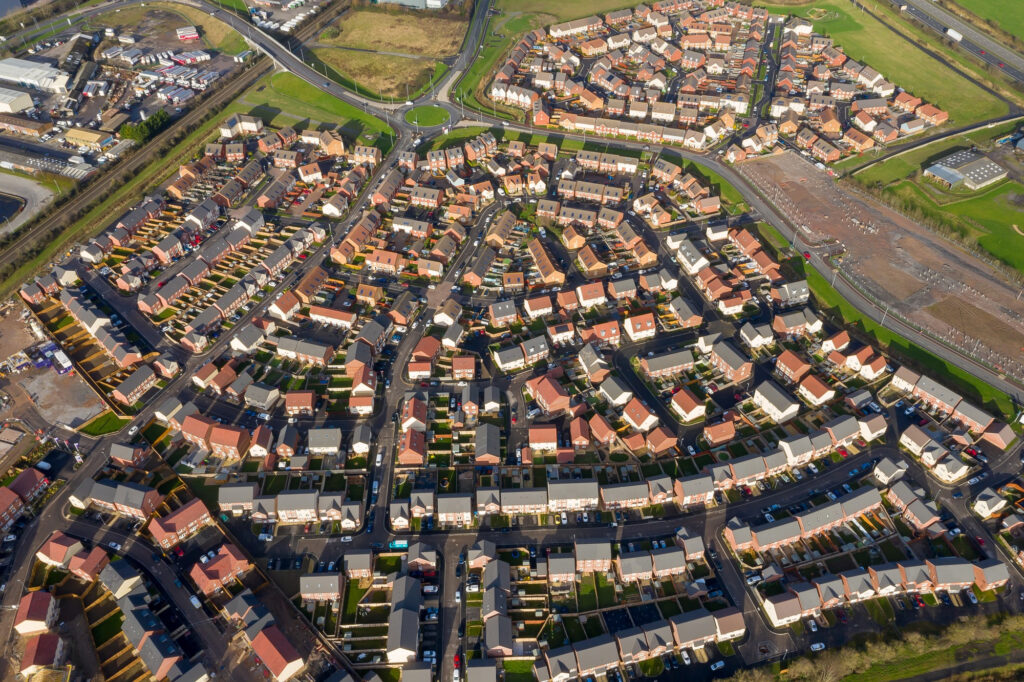 multiple houses aerial neighborhood